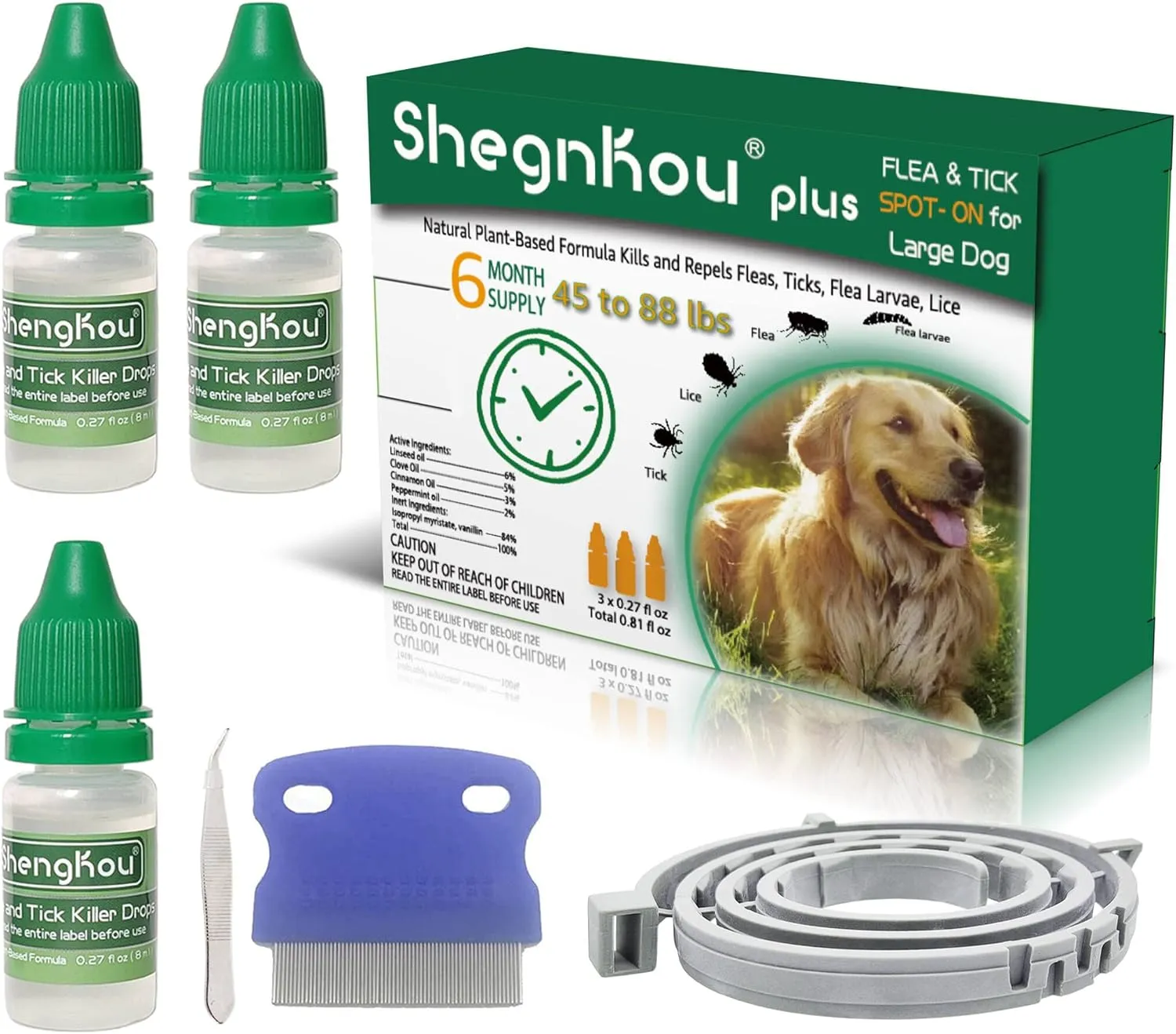 Natural Protection: Dog Flea and Tick Treatment Drops, Efficient Pest Repellent, Plant-Based Formula, Bonus Free Flea Collar and Comb, for Dogs 4-44-88 lbs, (5 Month Supply)