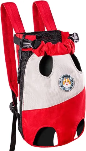 Pet Legs Out Carrier Backpack, Dog Cat Front Backpack Ventilated Mesh Travel Back Pack with Safety Belt for Travel Hiking Cycling Outdoor Use, Small Medium Puppy Cat Carrying Bag, Red