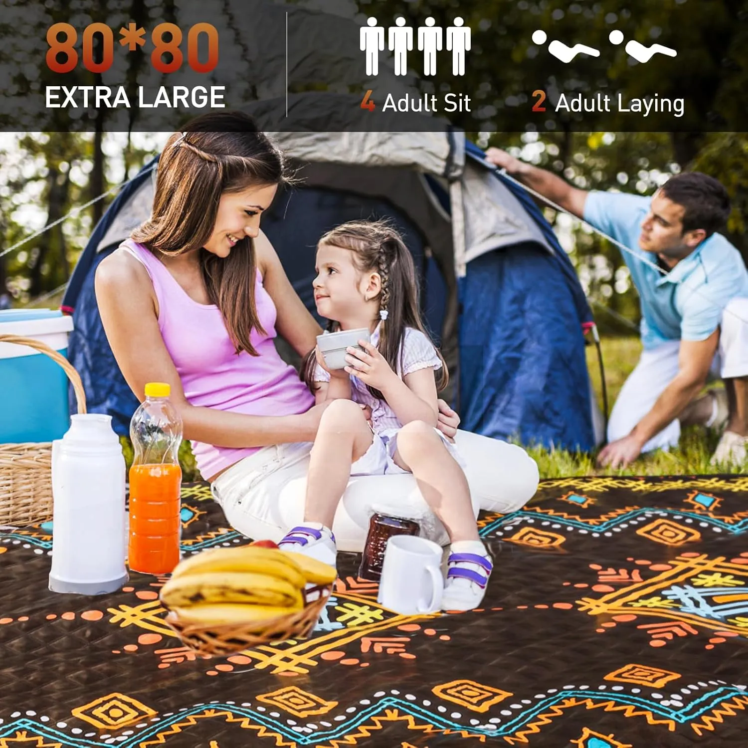 Picnic Blanket 80''x80'' Extra Large Outdoor Blanket, Waterproof Beach Blankets, Foldable Picnic Mat for Camping, Grass, Park, Travel - SavannaBrown