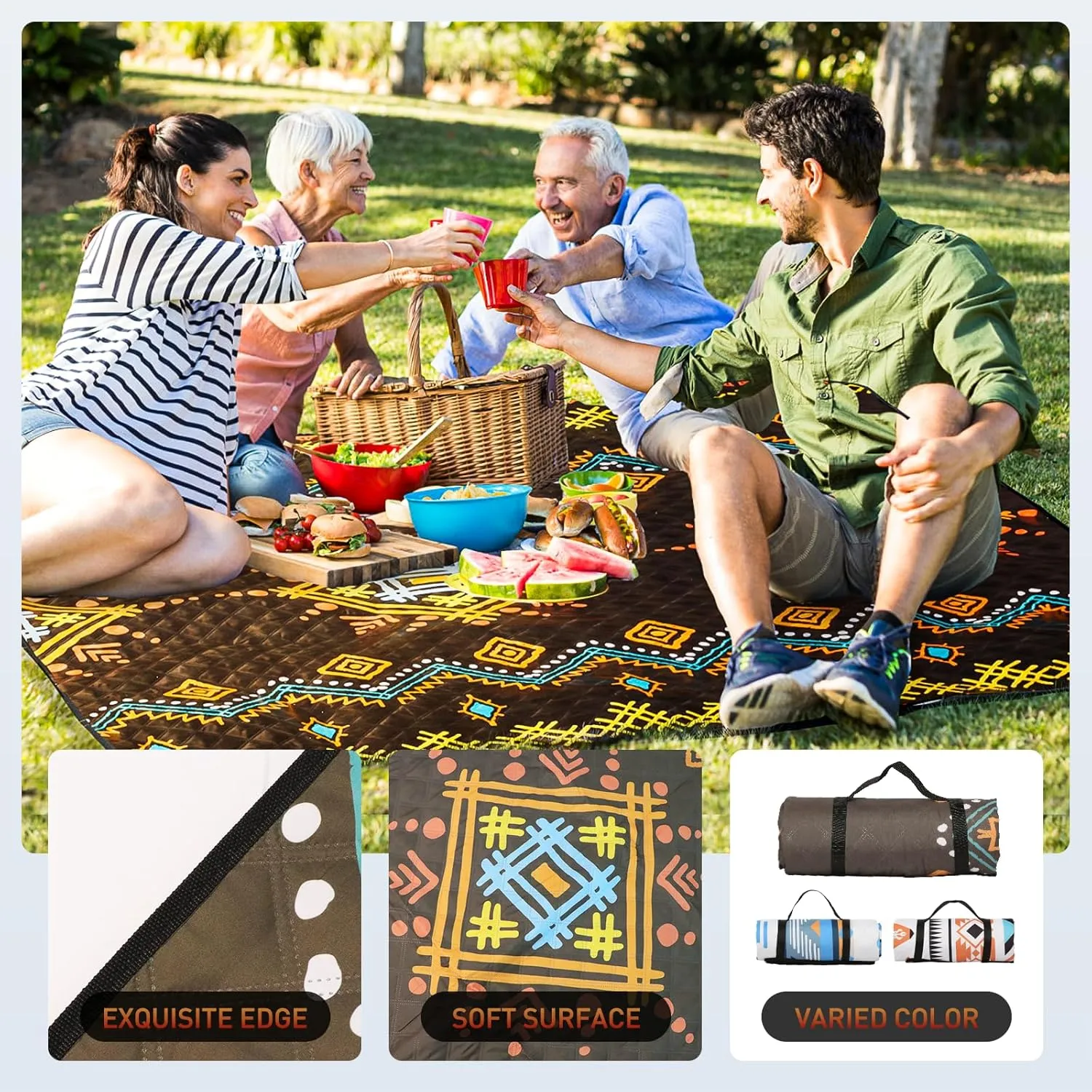 Picnic Blanket 80''x80'' Extra Large Outdoor Blanket, Waterproof Beach Blankets, Foldable Picnic Mat for Camping, Grass, Park, Travel - SavannaBrown