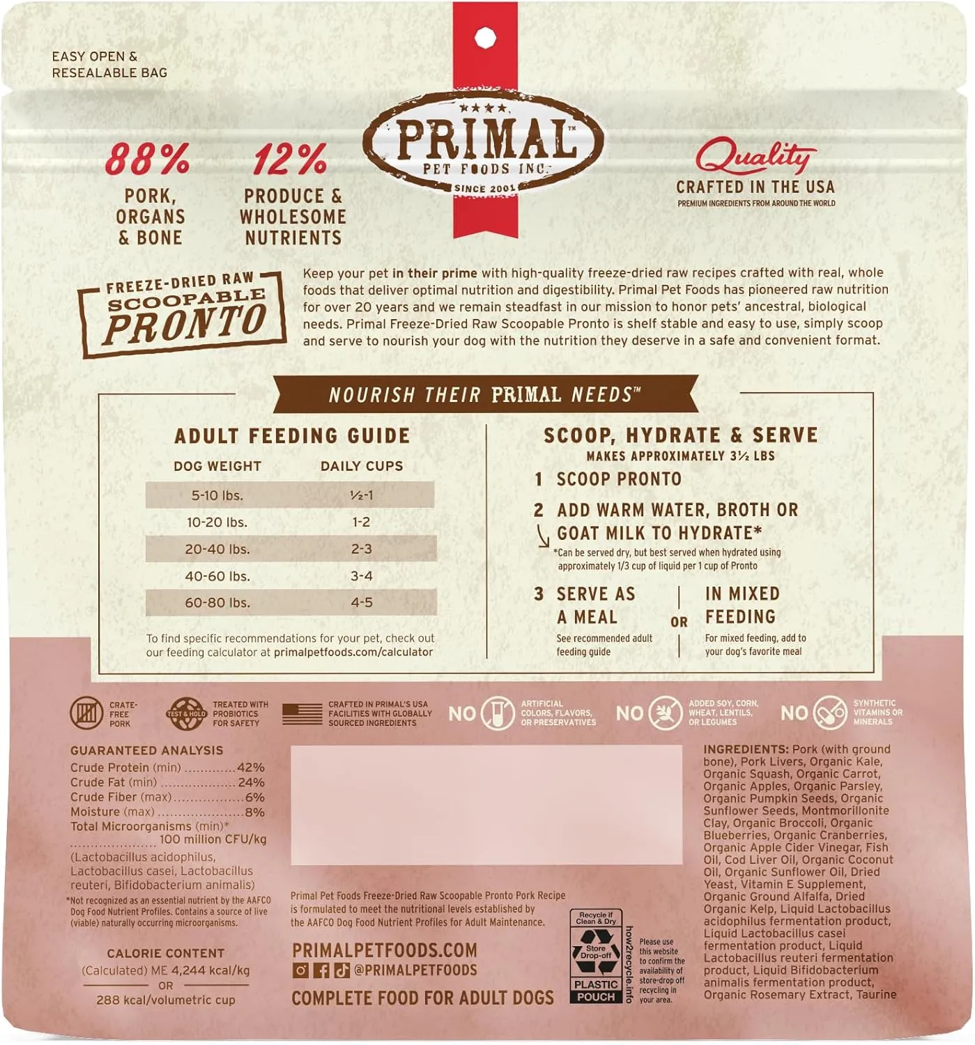 Primal Freeze Dried Dog Food, Pronto Mini Nuggets, Pork; Scoop & Serve, Complete & Balanced Meal; Also Use As Topper or Treat; Premium, Healthy, Grain Free, High Protein Raw Dog Food (25 oz)