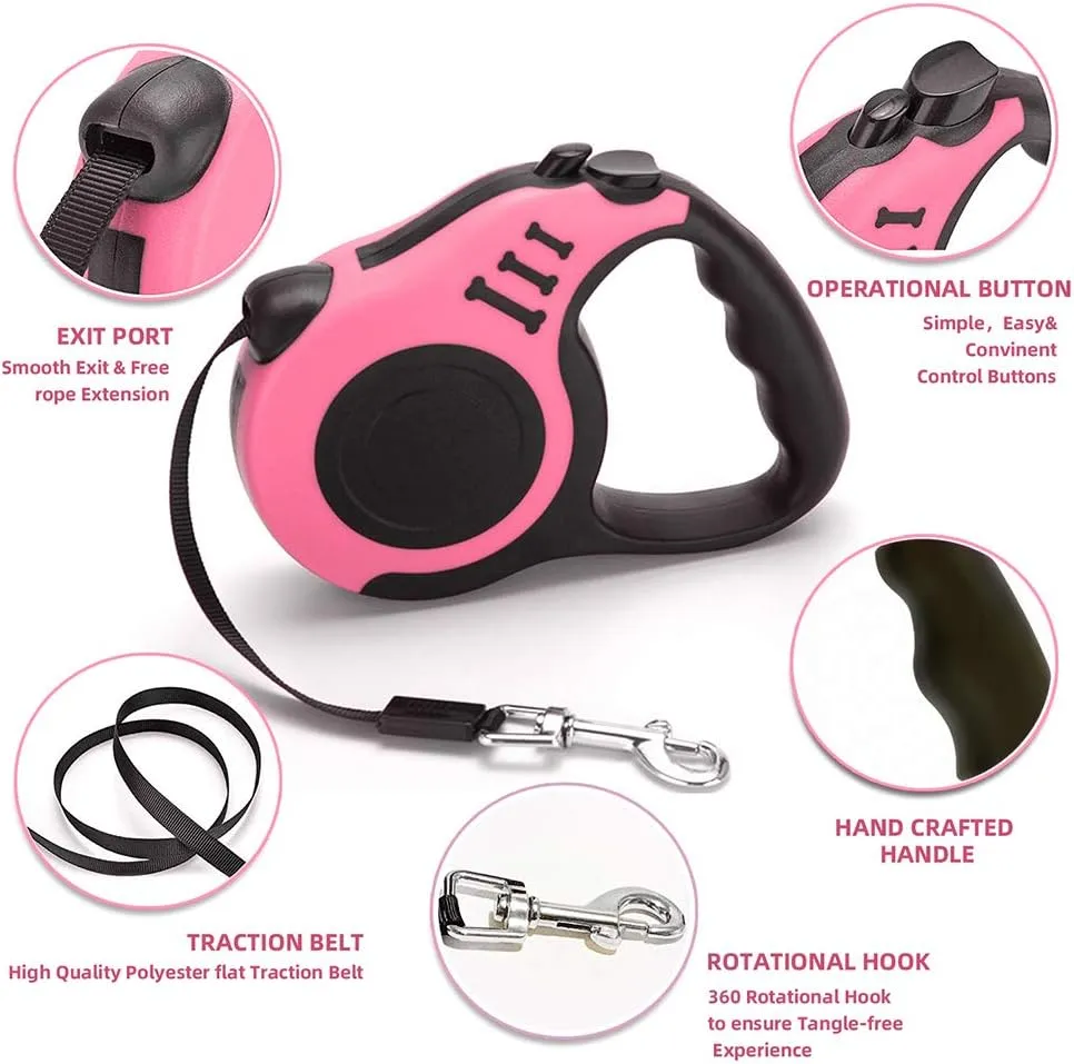 Retractable Dog Leash for Medium - Small Dogs and Cats - 16.5FT Tangle Free, Heavy Duty Walking Leash with Anti Slip Handle, Pause and Lock Strong Nylon Tape