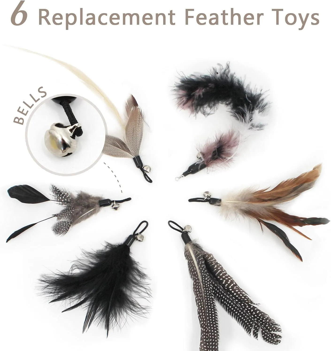 SONGWAY Interactive Cat Feather Toy Set - Retractable Teaser Wand with 6 Pcs Feather Refills with Bell, Cat Wand Toys for Indoor Cats Kittens Play Chase Exercise, Black