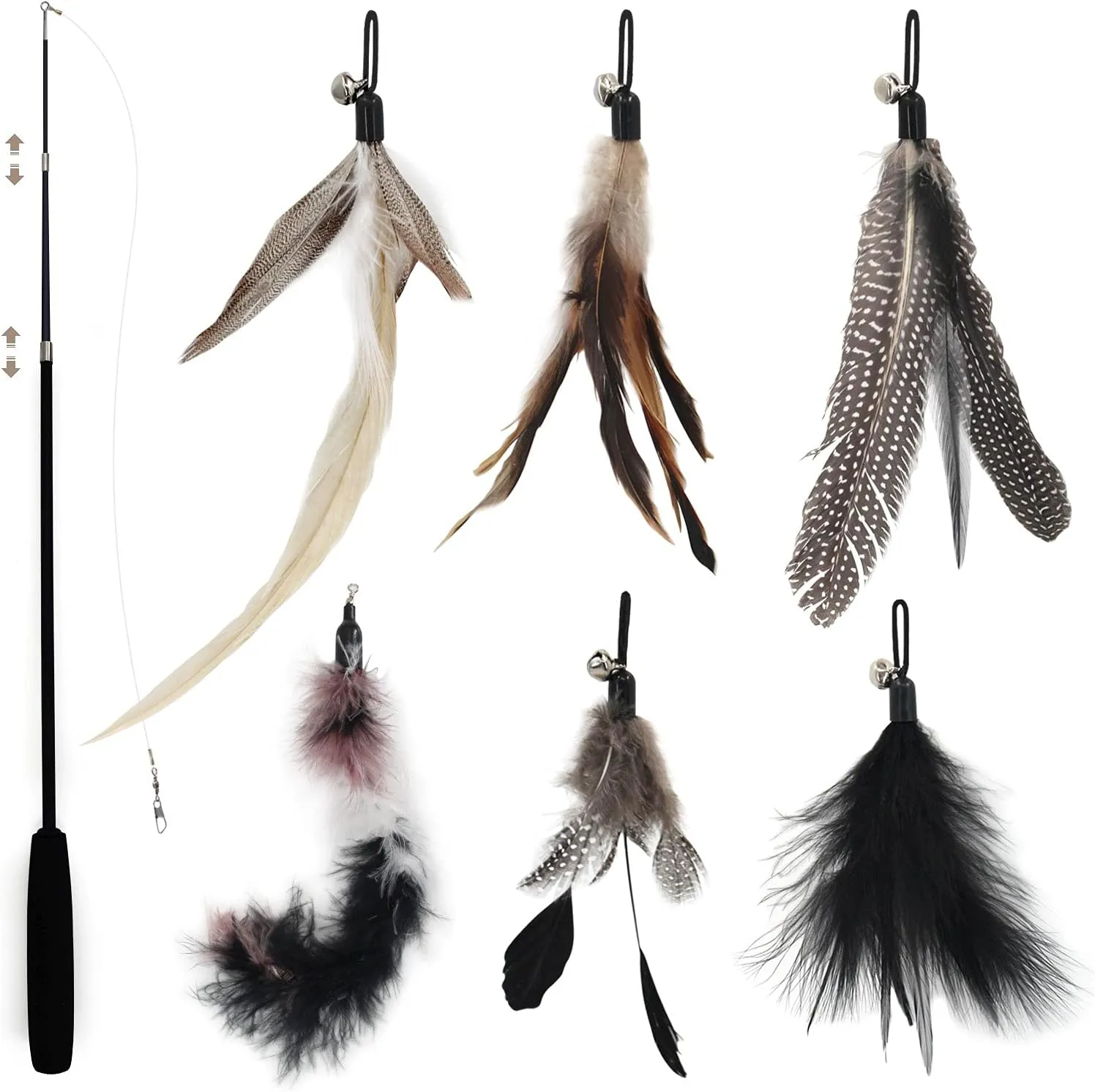 SONGWAY Interactive Cat Feather Toy Set - Retractable Teaser Wand with 6 Pcs Feather Refills with Bell, Cat Wand Toys for Indoor Cats Kittens Play Chase Exercise, Black