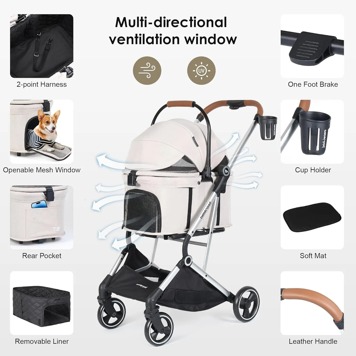 T3 PRO 3 in 1 Small Pet Stroller for Dog & Cats, 4 Wheels with Detachable Carrier with Pad, Canopy and Cup Holder, Beige