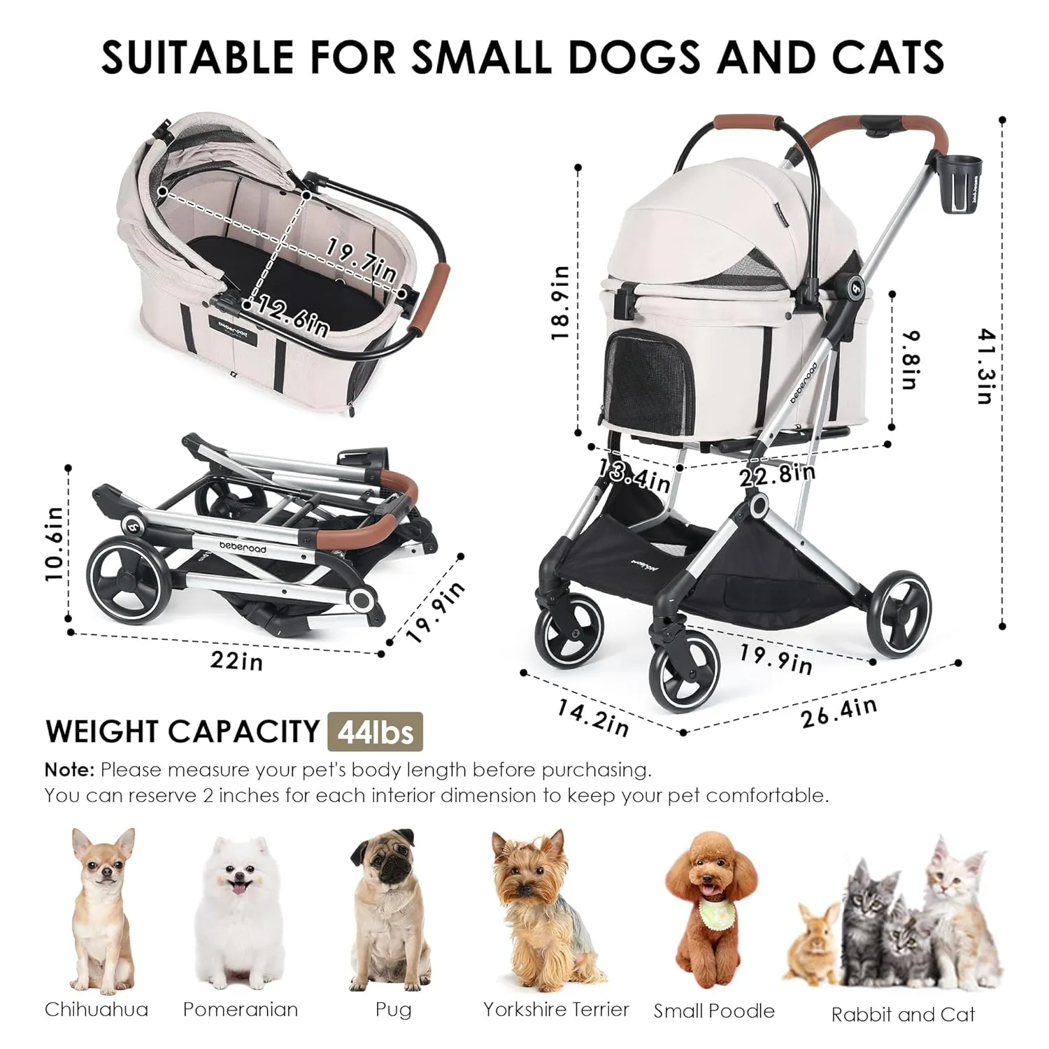 T3 PRO 3 in 1 Small Pet Stroller for Dog & Cats, 4 Wheels with Detachable Carrier with Pad, Canopy and Cup Holder, Beige
