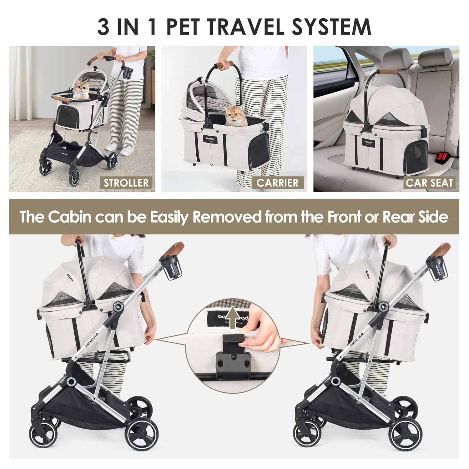 T3 PRO 3 in 1 Small Pet Stroller for Dog & Cats, 4 Wheels with Detachable Carrier with Pad, Canopy and Cup Holder, Beige