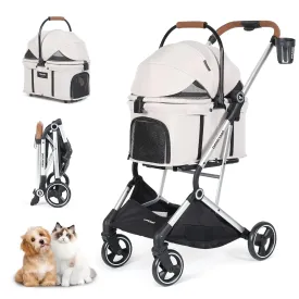 T3 PRO 3 in 1 Small Pet Stroller for Dog & Cats, 4 Wheels with Detachable Carrier with Pad, Canopy and Cup Holder, Beige