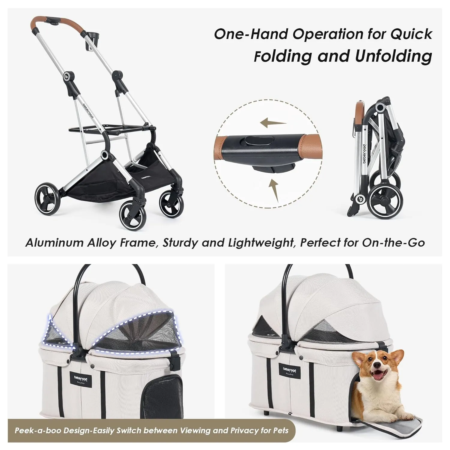 T3 PRO 3 in 1 Small Pet Stroller for Dog & Cats, 4 Wheels with Detachable Carrier with Pad, Canopy and Cup Holder, Beige