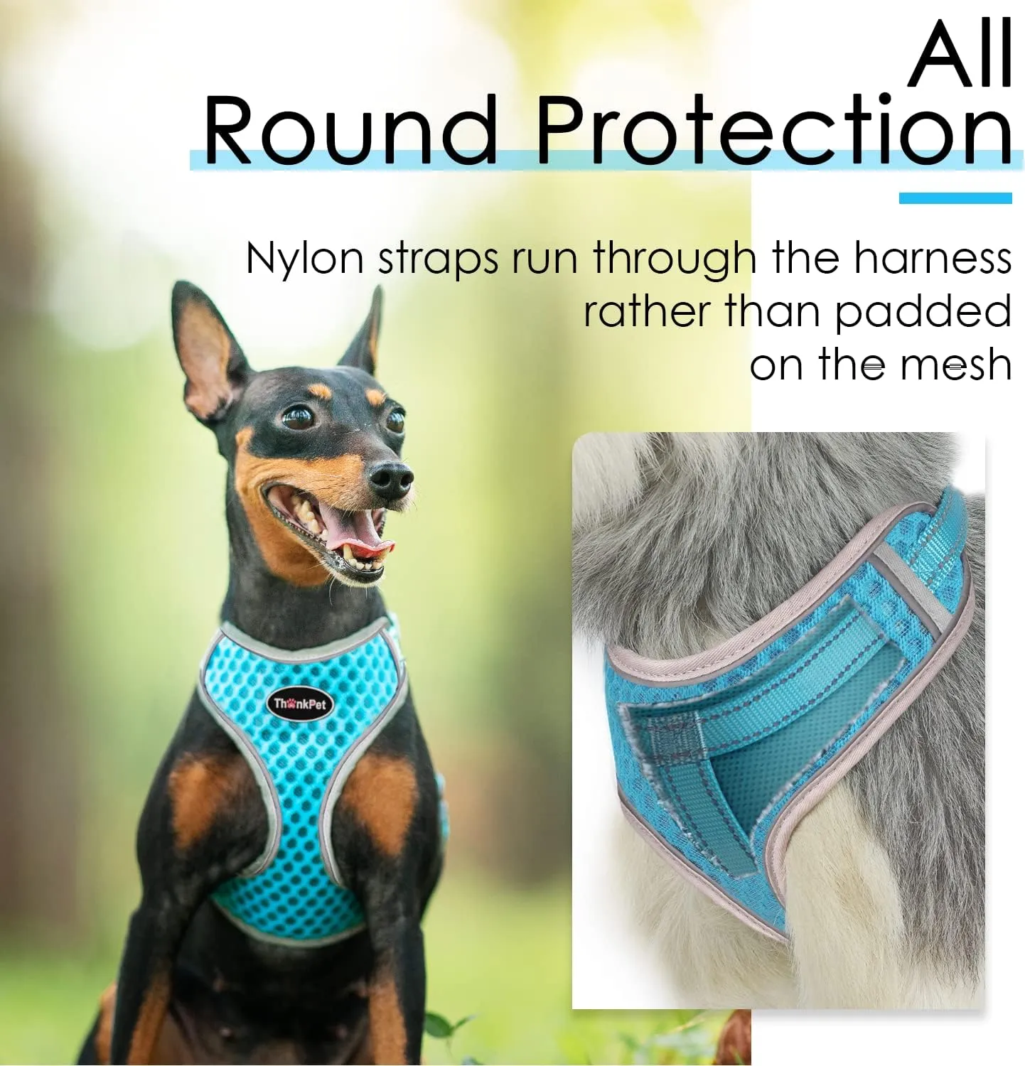 ThinkPet Reflective Breathable Soft Air Mesh No Pull Puppy Choke Free Over Head Vest Harness for Puppy Small Medium Dogs and Cats Light Blue Medium