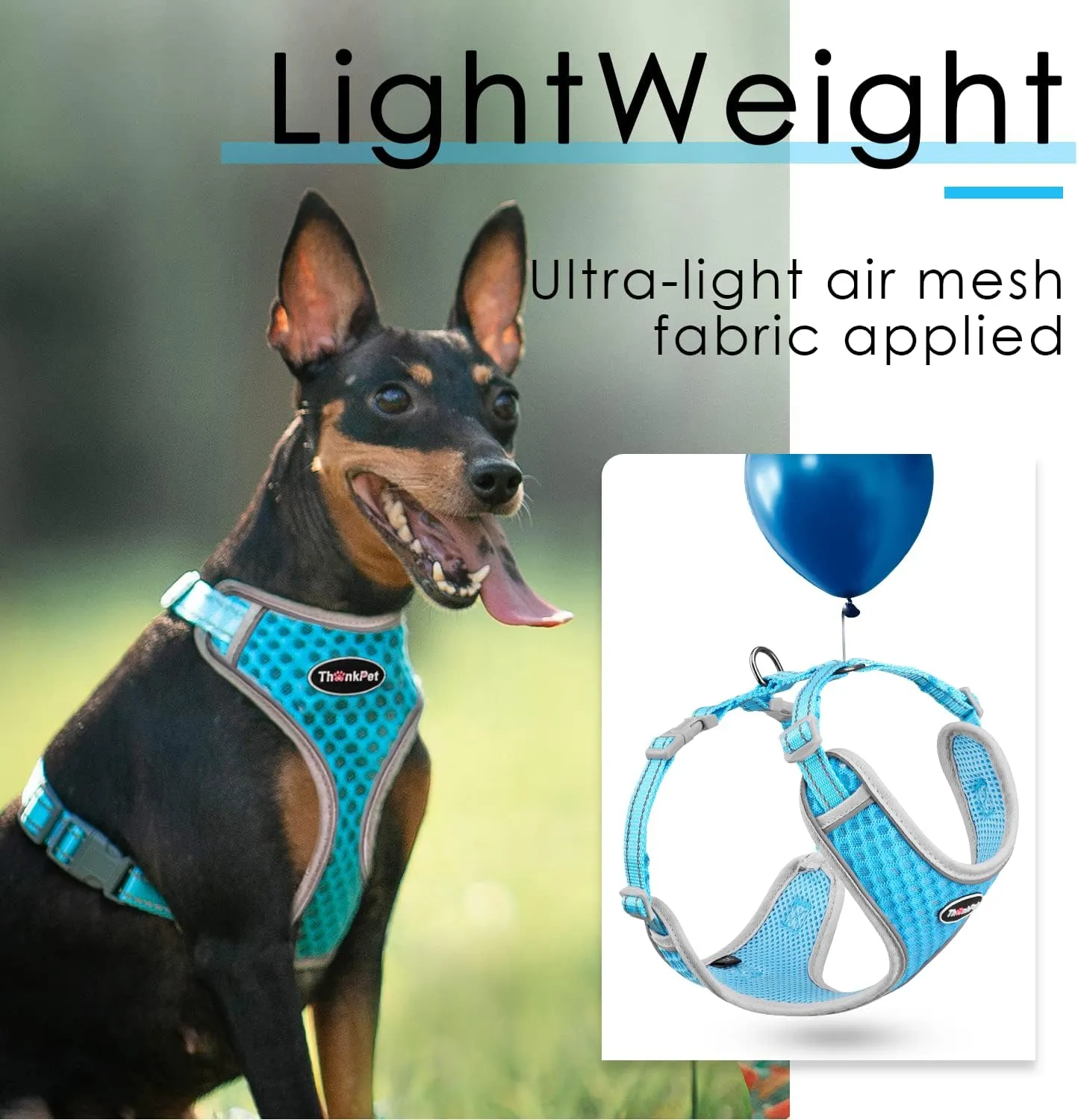 ThinkPet Reflective Breathable Soft Air Mesh No Pull Puppy Choke Free Over Head Vest Harness for Puppy Small Medium Dogs and Cats Light Blue Medium