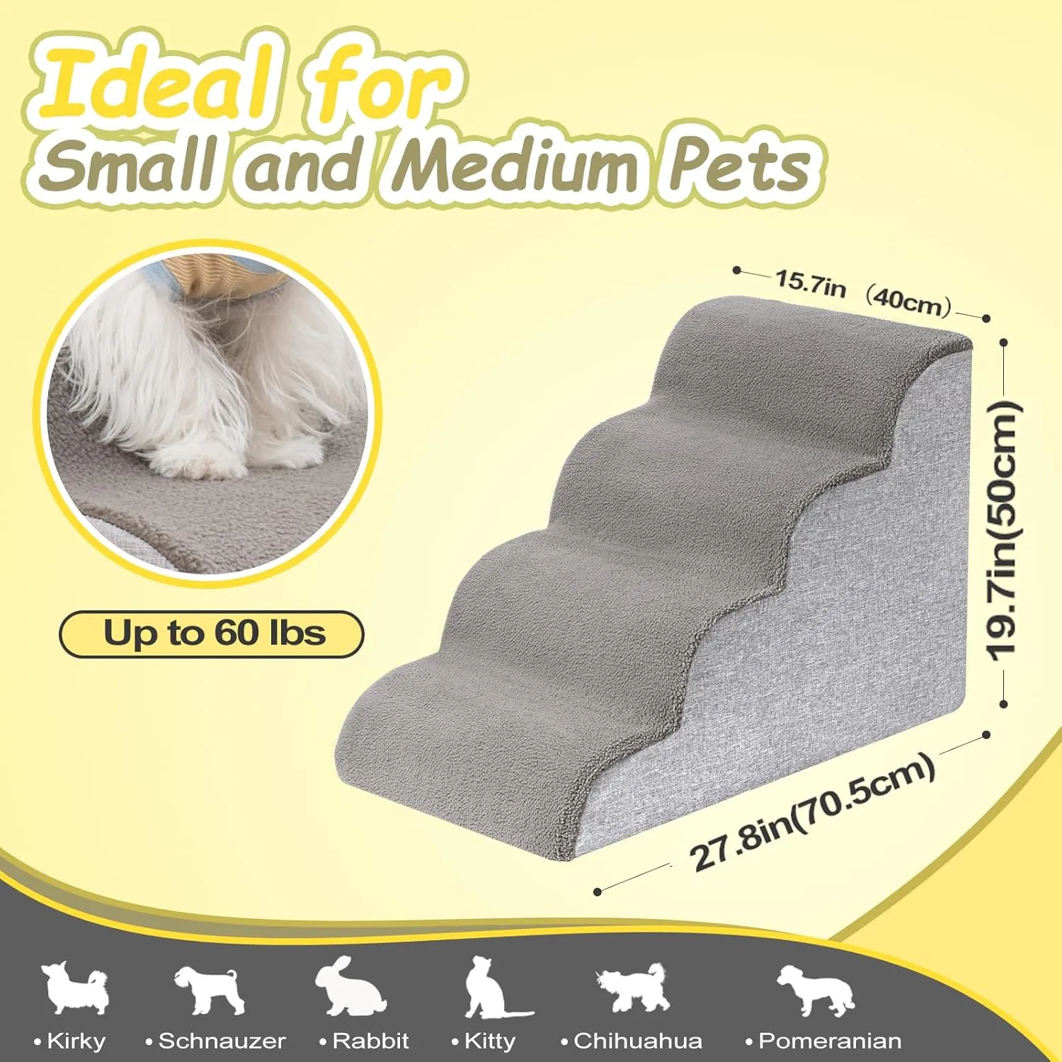 Uross Dog Stairs for Small Dogs- Dog Steps Stairs Ramps for High Bed Couch, High Density Foam Pet Steps Stairs for Dogs to Get on Bed, 4 Tiers Cat Doggy Steps Ramps for Joint Pain Dog(Gray)