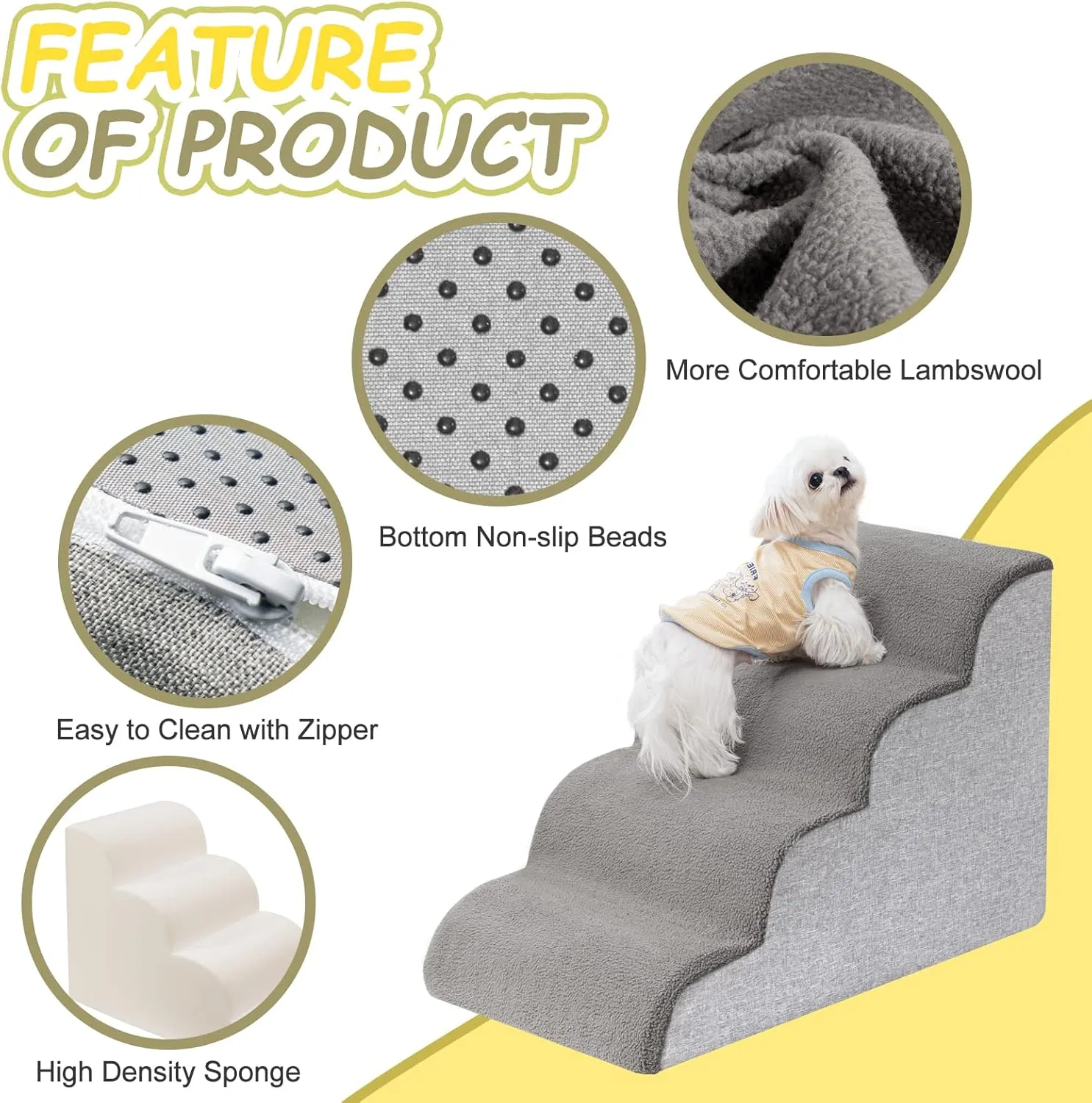 Uross Dog Stairs for Small Dogs- Dog Steps Stairs Ramps for High Bed Couch, High Density Foam Pet Steps Stairs for Dogs to Get on Bed, 4 Tiers Cat Doggy Steps Ramps for Joint Pain Dog(Gray)